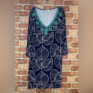 Boden Freya Beaded Leaf Print Tunic dress , Navy Size 10R
